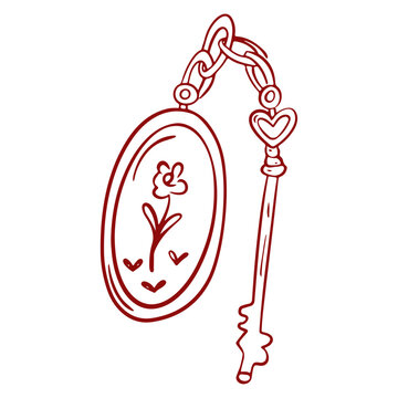 Vintage floral locket pendant and key line art vector illustration, romantic secret love symbol outline icon