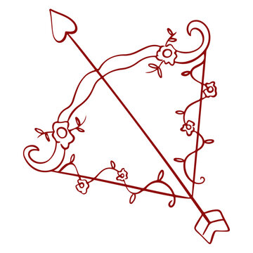 Floral cupid bow and arrow line art vector illustration, romantic love hunting doodle