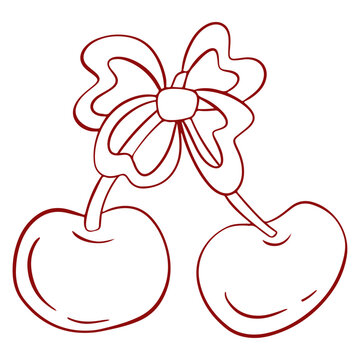 Cute cherries tied with ribbon bow line art vector illustration, coquette aesthetic cherry fruit outline