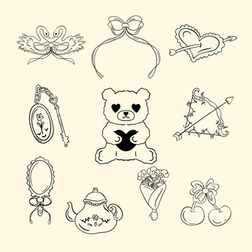 Valentine coquette line art vector set, cute romantic elements collection with teddy bear, heart arrow, flower bouquet, mirror, bow and cherry, hand drawn love aesthetic outline page