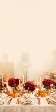 Elegant Thanksgiving Dinner Table Setting with Gold Cutlery, Burgundy Flowers and Candlelight