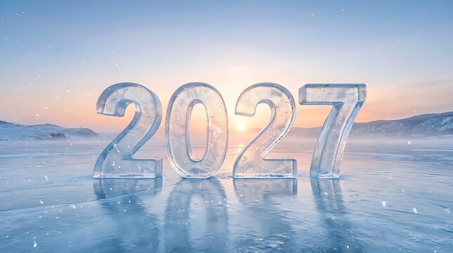 Clear ice numerals mirrored on a frozen lake under a soft pale winter sky
