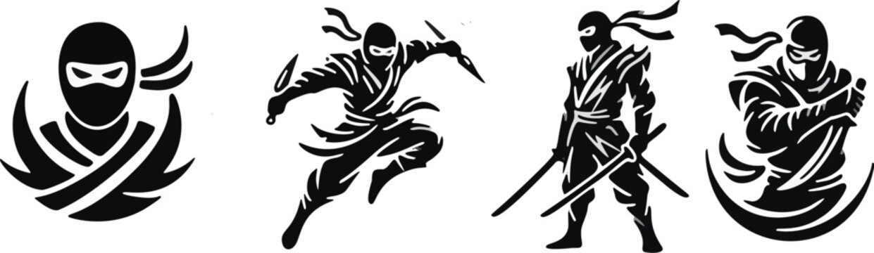 silhouette ninja warrior characters in action poses and emblems