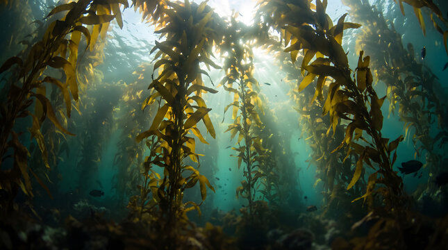 Sunlight filtering through giant kelp forest in deep blue sea