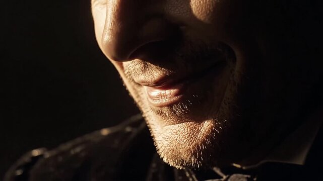 Extreme close up view of smiling man chin mustache stubble male face lit by warm dramatic side lighting isolated on dark black background highlighting mysterious expression portrait.