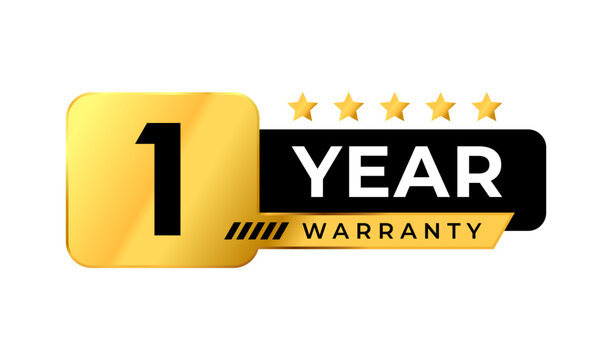 Golden 1 year warranty badge Logo. Premium luxury warranty gold label. Perfect for icon, sticker, sign, symbol, seal, banner, emblem, stamp, tag, award, button, insignia. Vector Illustration