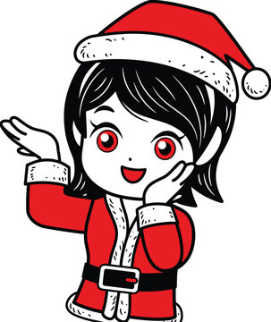Cute Anime Girl in Santa Claus Costume Vector Illustration - Cheerful Young Woman Celebrating Christmas Holiday Season, Red and White Festive Outfit, Cartoon Character Design for Greeting Cards