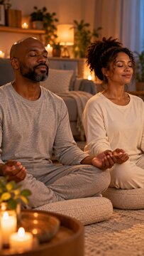 A Black couple sits cross-legged with closed eyes during candlelit meditation in their living room. Mindful relaxation replaces habitual evening scrolling