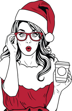 Surprised Pop Art Woman in Santa Hat and Red Glasses Holding Coffee Cup Vector Illustration for Christmas Marketing, Holiday Sale Poster, and Festive Seasonal Social Media Graphics