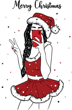 Trendy Christmas Vector Illustration featuring a Young Woman in a Sexy Santa Hat and Red Outfit Taking a Smartphone Selfie, Festive Social Media Post Background with Merry Christmas Lettering