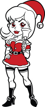 Beautiful Pin-up Girl in Sexy Santa Outfit Illustration, Festive Christmas Woman Character Holding a Bell, Vector Art Design for Holiday Season Marketing and Seasonal Greeting Card Posters