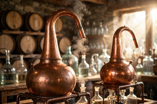 Traditional copper alembic distillation stills with swan necks in an artisan distillery