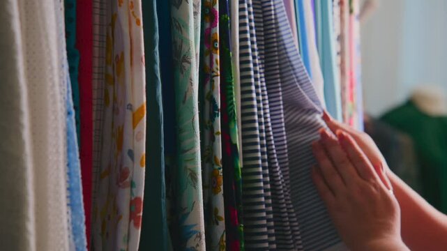 Hand selects colorful fabric rolls in a well-lit workshop. Focus on textures and patterns of diverse fabrics. Person appears calm and thoughtful while choosing materials