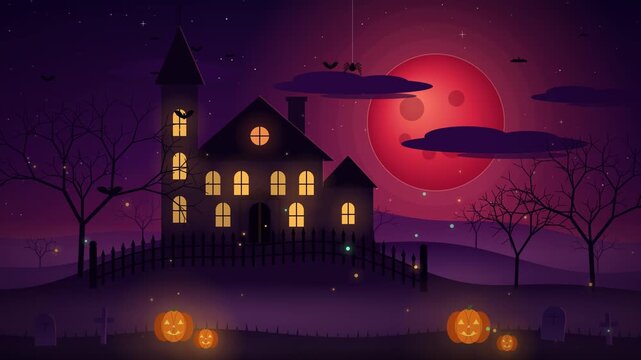 Spooky Halloween Haunted House Animation with Glowing Pumpkins and Red Moon