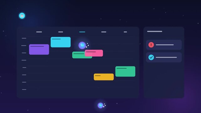 AI assistant detects a double-booked meeting, moves it to a free slot, blocks focus time and checks off actions. Animated 4K calendar graphic.  loop video