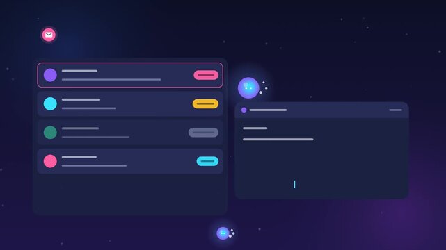 Animated AI assistant scans an inbox, tags urgent mail, removes spam, drafts a reply and sends it. Clean 4K motion graphic, no text. smooth loop
