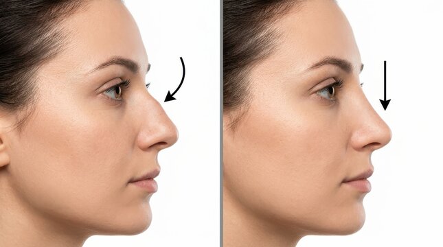 A woman's nose profile is compared side by side with arrows highlighting differences against a white background