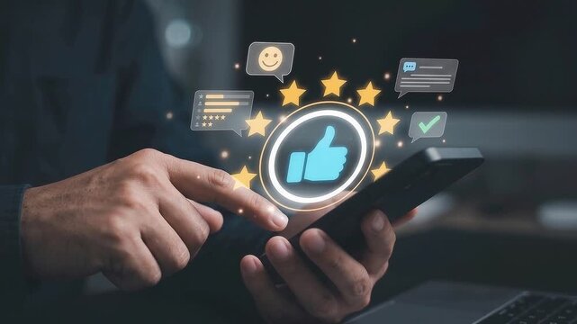 User operating mobile phone tapping glowing thumbs up icon surrounded by golden five stars and feedback bubbles for quality service recommendation