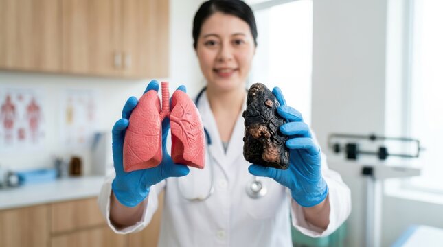 Doctor holds healthy and diseased lung models for comparison in a medical examination room