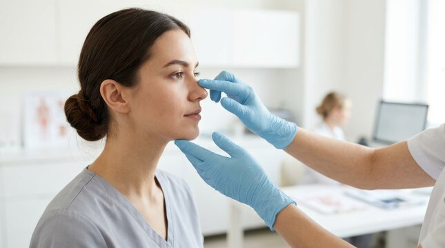 Woman receives a facial examination as a gloved practitioner checks her nose and chin in a bright clinic