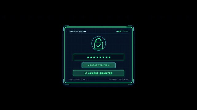Futuristic security interface with neon password entry, unlocking animation, and access granted status on a transparent background.