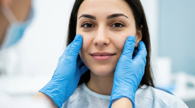 Woman receives a facial examination as a specialist gently holds her cheeks with blue gloved hands in a clinic