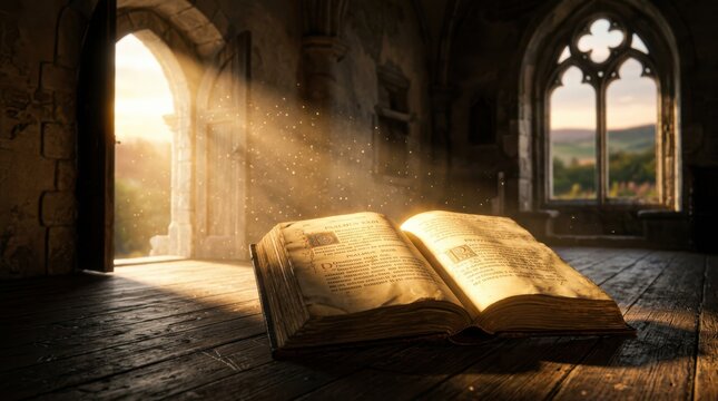 An open antique book rests on a wooden table in a Gothic stone chamber illuminated by sunlight