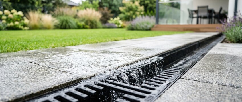 Water flows into a linear drainage grate beside a paved patio in a landscaped garden