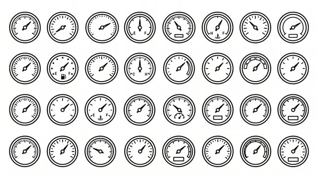 Collection of minimalist black outline gauge icons featuring circular speedometers, measurement dials, needle indicators, graduated scales, and precision instrument designs.