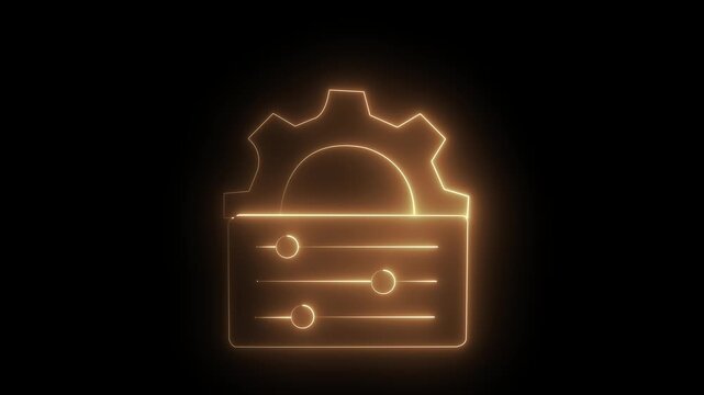 glowing neon Configuration and customization icon isolated . Gear with sliders representing control panel sliders, technical settings control, adjustment, dashboard interface symbol on black backgroun