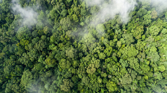 Breathtaking Aerial View of a Dense Green Tropical Forest Shrouded in White Mist and Clouds