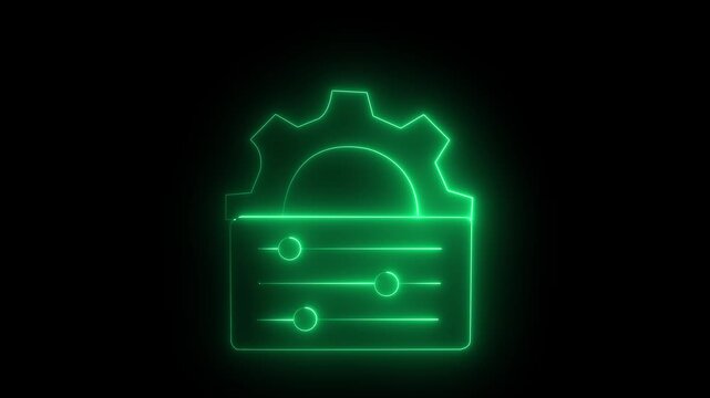 glowing neon Configuration and customization icon isolated on black background. Gear with sliders representing control panel sliders, technical settings control, adjustment, dashboard interface symbol