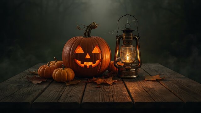 A front-view composition of a glowing carved pumpkin paired with an antique lantern on a rustic wooden plank table, created with generative ai.