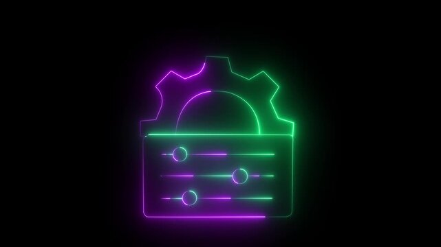glowing neon Configuration and customization icon isolated on black background. Gear with sliders representing control panel sliders, technical settings control, adjustment, dashboard interface symbol