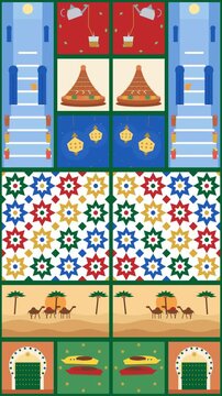 Morocco Travel Animation: Blue Streets of Chefchaouen, Zellige Star Tiles, Mint Tea Pouring, Tagine, Moroccan Lanterns, Sahara Camel Caravan and Riad Door
