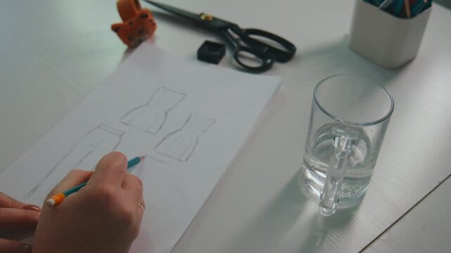 Hand sketches fashion design on white paper. Tools like scissors, pencils, and water glass nearby. Calm focus shows creative process. Perfect for fashion, design, or business presentations