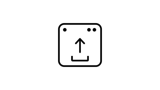 Clean black outline icon of a browser window with an upload arrow pointing upward from a tray, great for file upload features, cloud apps and websites