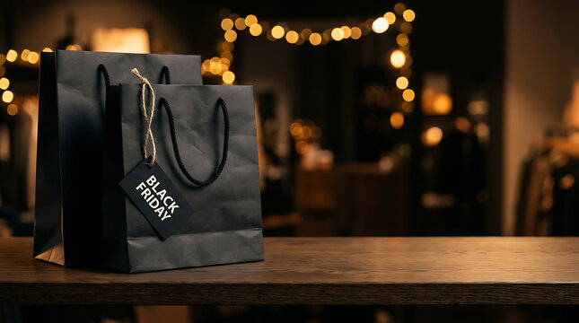 Black Friday shopping bags on a wooden table with festive lights in background