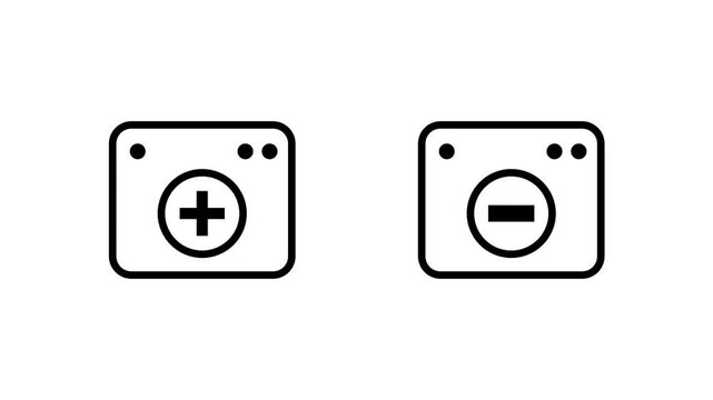 Pair of black line icons showing browser windows with plus and minus circles, ideal for zoom in and zoom out controls, interface tools and web designs