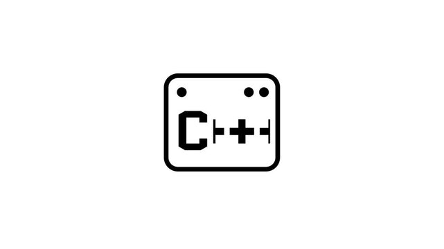 Bold black line icon of a rounded program window displaying C++ text, perfect for programming language, software coding and developer education themes