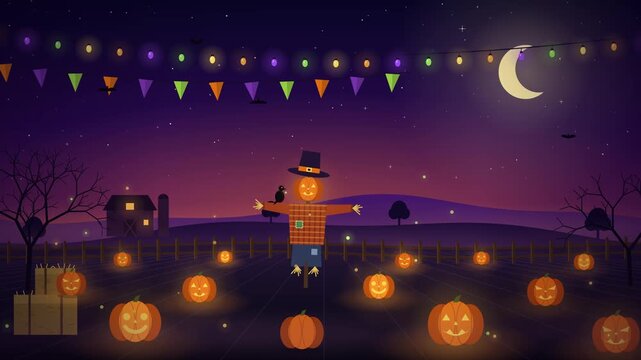 Spooky Halloween Pumpkin Patch Animation with Scarecrow and Glowing Jack-o'-Lanterns Under Crescent Moon