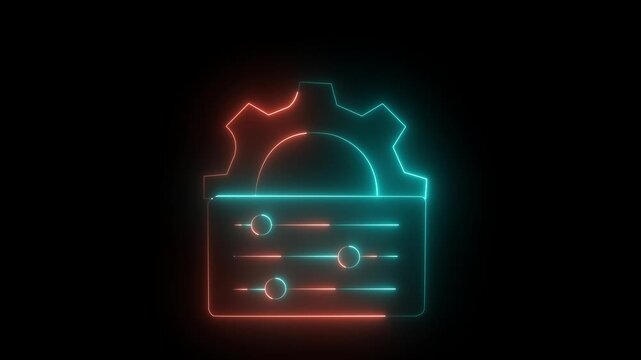 glowing neon Configuration and customization icon isolated on black background. Gear with sliders representing control panel sliders, technical settings control, adjustment, dashboard interface symbol