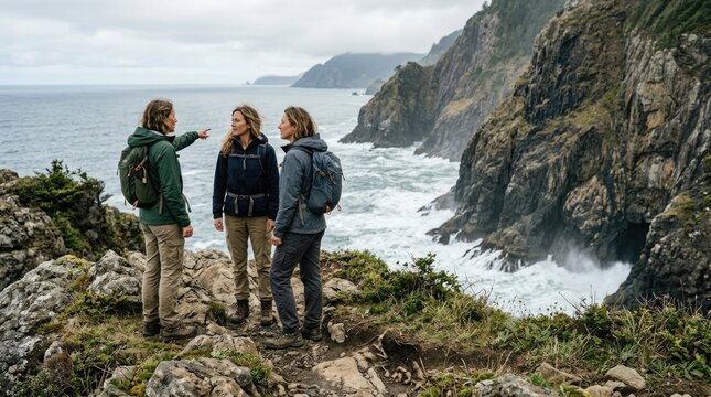 Three friends enjoying a scenic coastal view overlooking dramatic waves crashing against rugged cliffs on a cloudy day