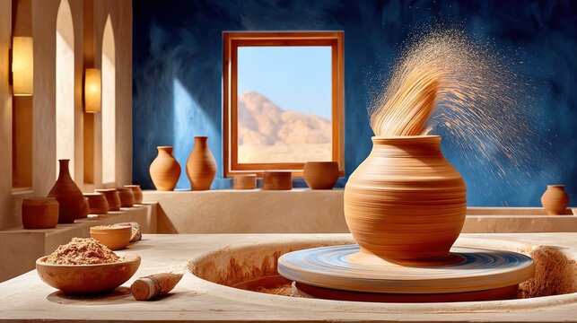 Clay vessel forming on pottery wheel with wet clay spray mid spin, desert landscape visible through window, studio scene with earthenware bowls and tools