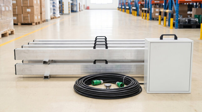 Conveyor belt vulcanizing press kit with aluminum frame and power cable set in warehouse