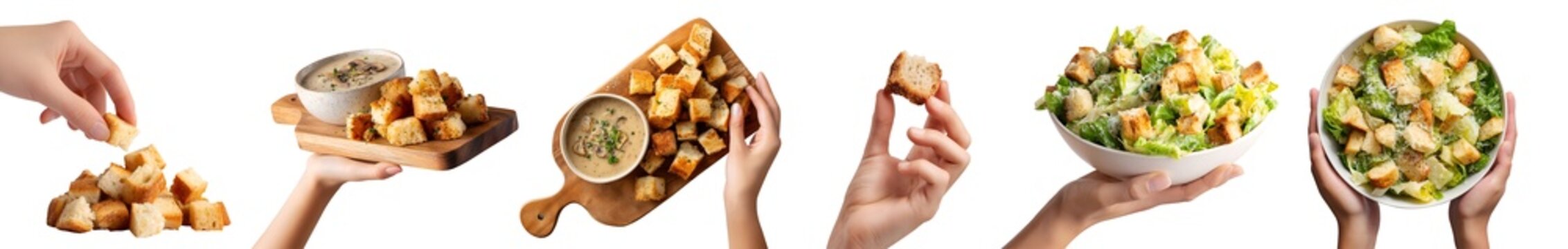 Set of hand holding toasted baked fried Croutons, small seasoned cubes piece of bread bun crust, caesar salad, serving wooden board with mushroom soup, pile stack group, transparent cutout PNG Mockup