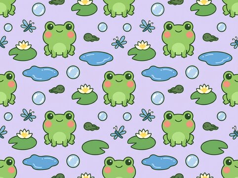 A charming and whimsical seamless pattern featuring cute cartoon frogs, lily pads, dragonflies, and water droplets on a soft lavender background.