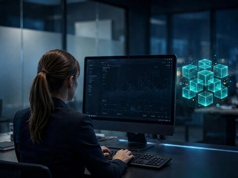 blockchain data architecture and distributed network systems. businesswoman working at desktop monitor with glowing holographic cube blocks icon for scalable digital infrastructure ai generated