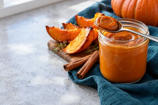 Pumpkin butter in glass jar with metal spoon on blue napkin. Homemade autumn squash spread with roasted slices and cinnamon