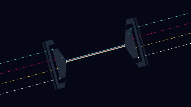 Abstract data transmission and fiber optic communication animation with glowing light beams in cyberspace